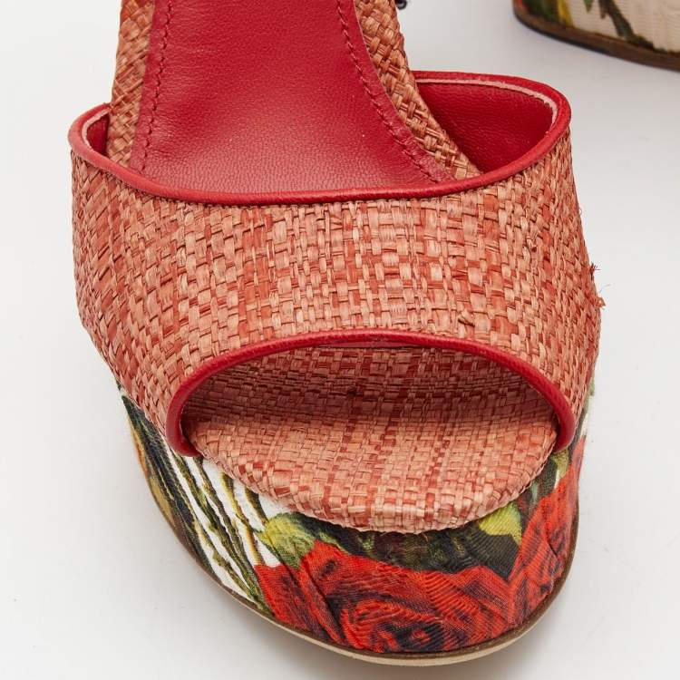 Pre Owned Dolce & Gabbana Pink Floral Raffia Wedge Platform Ankle Strap Sandals Size 40