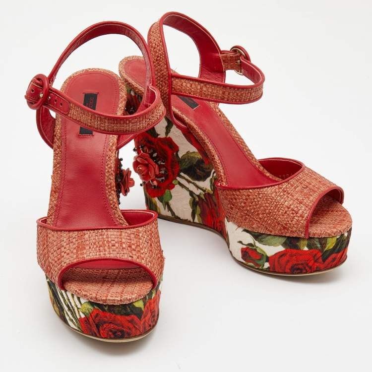 Pre Owned Dolce & Gabbana Pink Floral Raffia Wedge Platform Ankle Strap Sandals Size 40