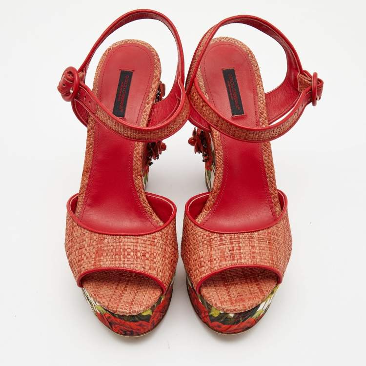 Pre Owned Dolce & Gabbana Pink Floral Raffia Wedge Platform Ankle Strap Sandals Size 40
