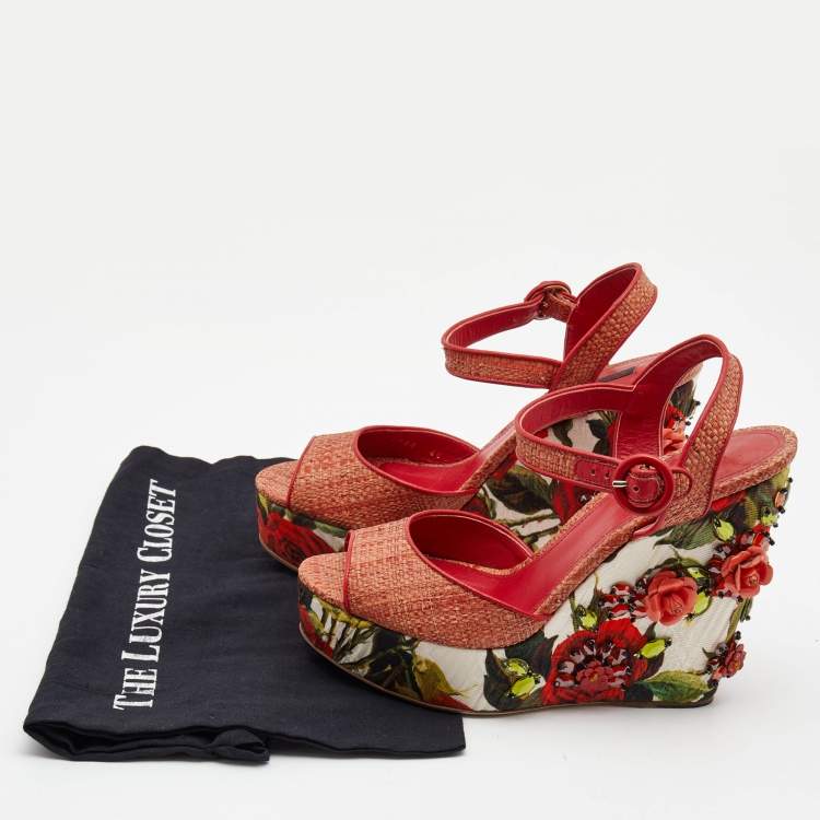 Pre Owned Dolce & Gabbana Pink Floral Raffia Wedge Platform Ankle Strap Sandals Size 40