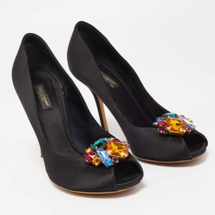 Pre Owned Dolce & Gabbana Black Satin Crytal Embellished Open Toe Pumps Size 37.5