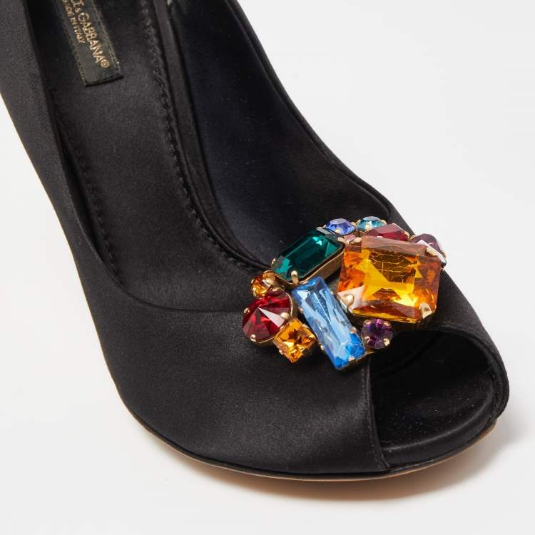 Pre Owned Dolce & Gabbana Black Satin Crytal Embellished Open Toe Pumps Size 37.5