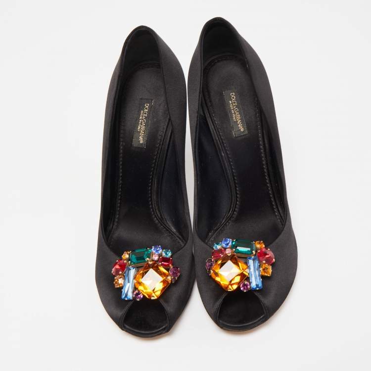 Pre Owned Dolce & Gabbana Black Satin Crytal Embellished Open Toe Pumps Size 37.5