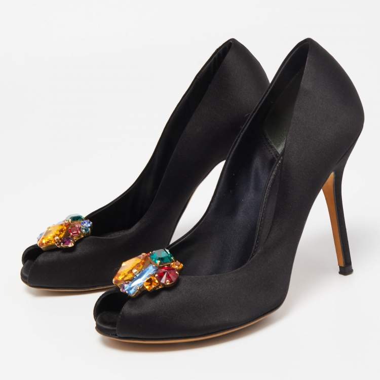 Pre Owned Dolce & Gabbana Black Satin Crytal Embellished Open Toe Pumps Size 37.5