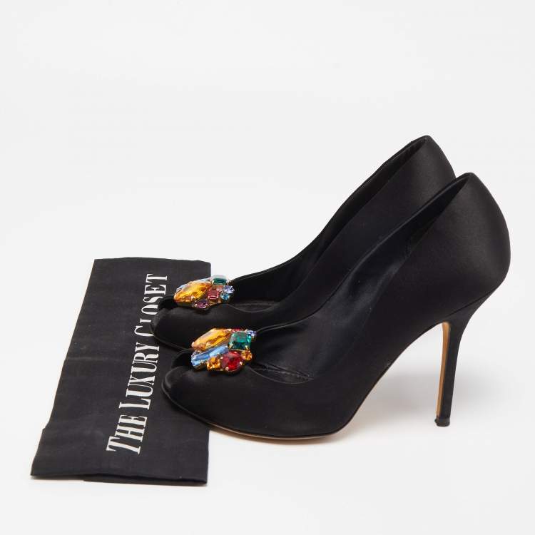 Pre Owned Dolce & Gabbana Black Satin Crytal Embellished Open Toe Pumps Size 37.5