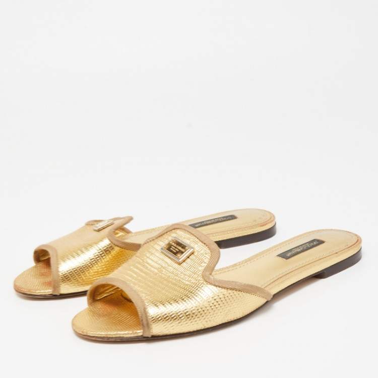 Pre Owned Dolce & Gabbana Gold Lizard Embossed Leather Flat Slides Size 36
