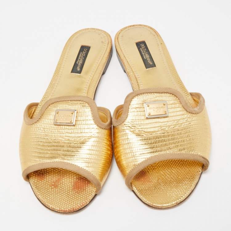 Pre Owned Dolce & Gabbana Gold Lizard Embossed Leather Flat Slides Size 36