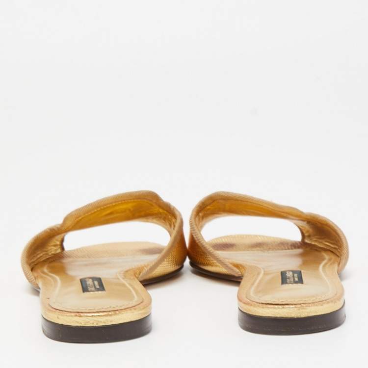 Pre Owned Dolce & Gabbana Gold Lizard Embossed Leather Flat Slides Size 36