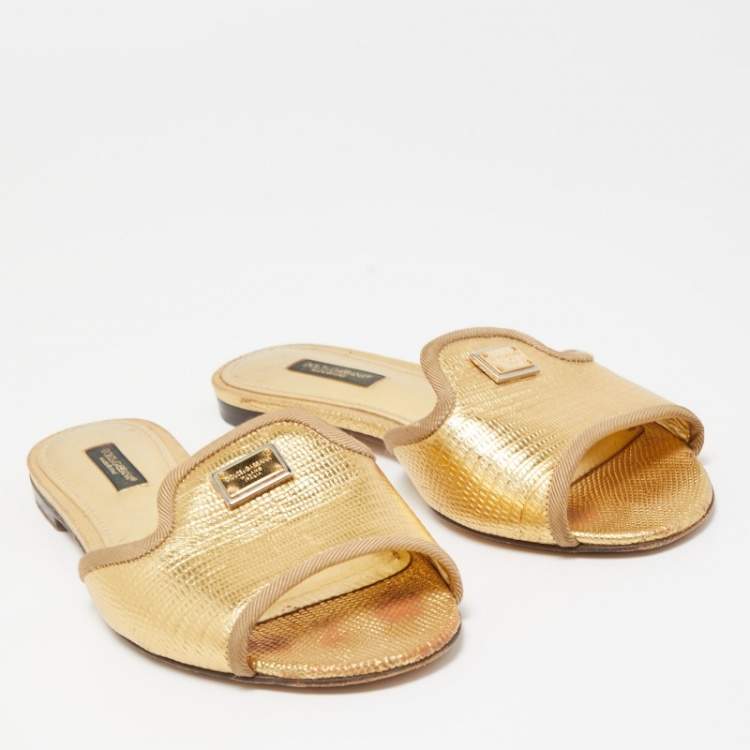 Pre Owned Dolce & Gabbana Gold Lizard Embossed Leather Flat Slides Size 36