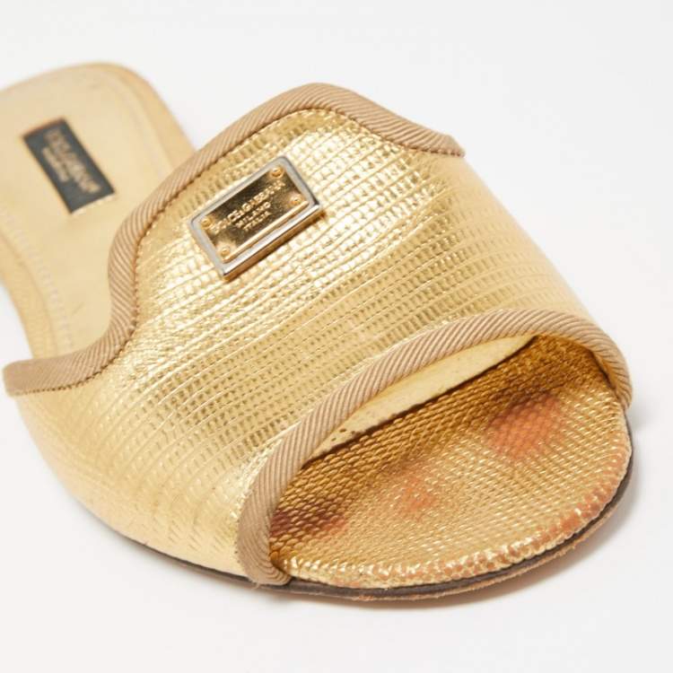 Pre Owned Dolce & Gabbana Gold Lizard Embossed Leather Flat Slides Size 36