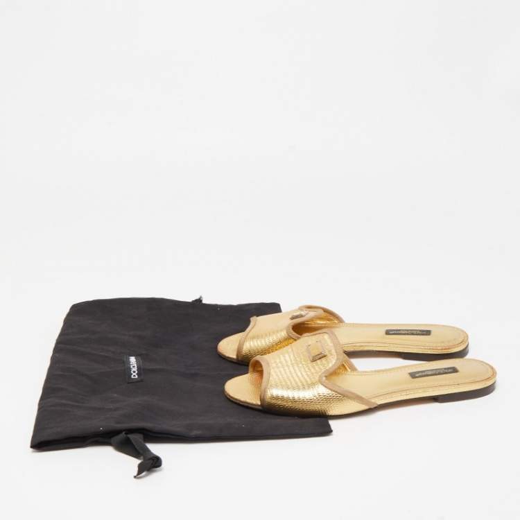 Pre Owned Dolce & Gabbana Gold Lizard Embossed Leather Flat Slides Size 36