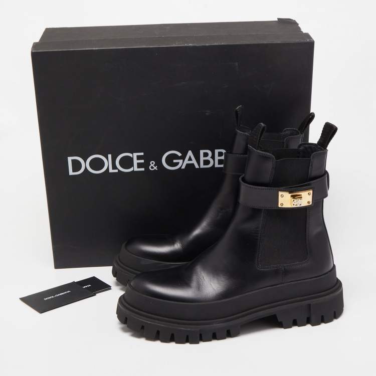 Pre Owned Dolce & Gabbana Black Leather Logo Twist Buckle Combat Boots Size 41