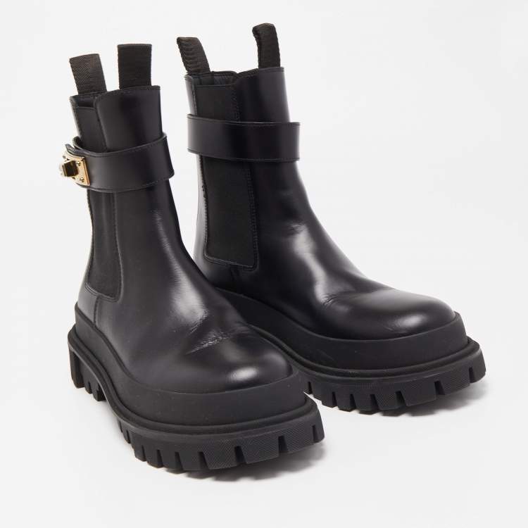 Pre Owned Dolce & Gabbana Black Leather Logo Twist Buckle Combat Boots Size 41
