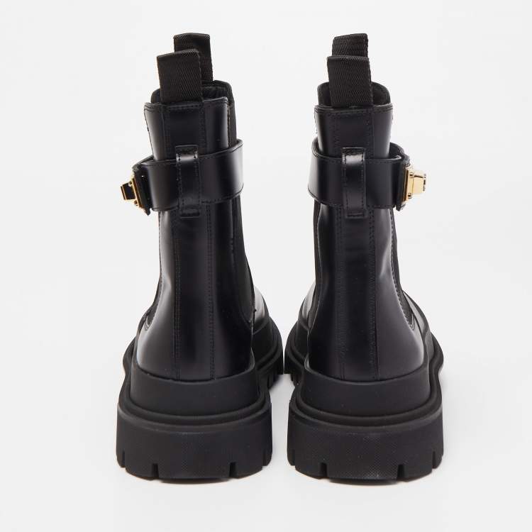 Pre Owned Dolce & Gabbana Black Leather Logo Twist Buckle Combat Boots Size 41