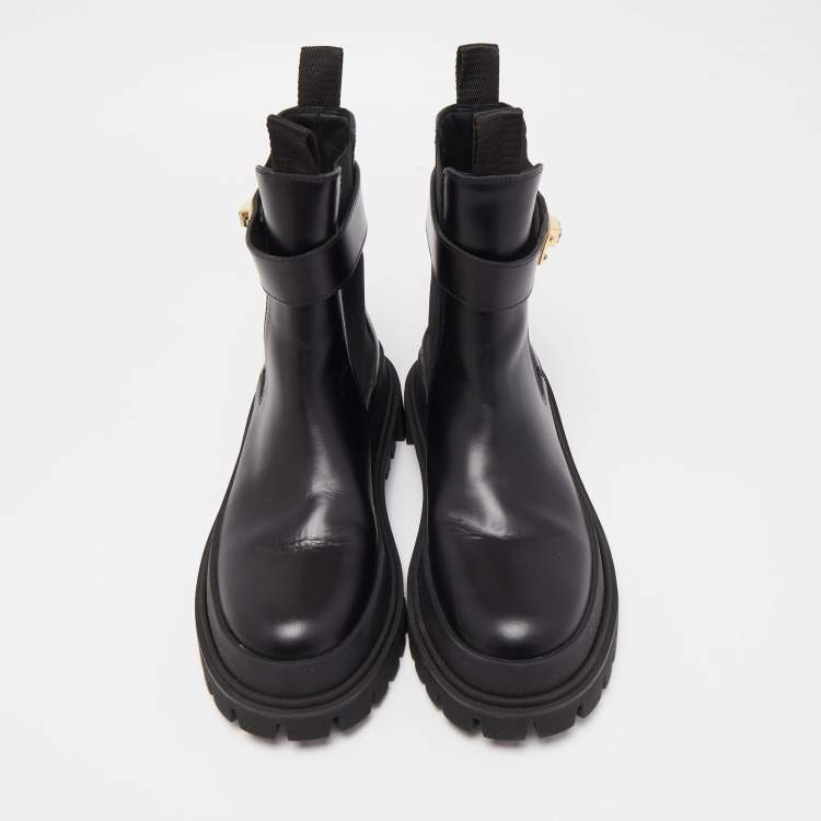 Pre Owned Dolce & Gabbana Black Leather Logo Twist Buckle Combat Boots Size 41