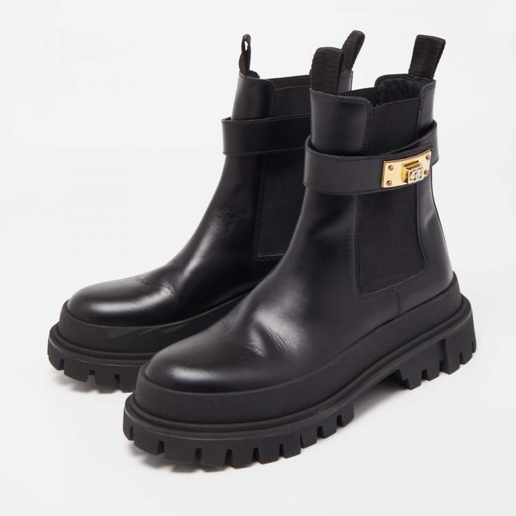 Pre Owned Dolce & Gabbana Black Leather Logo Twist Buckle Combat Boots Size 41