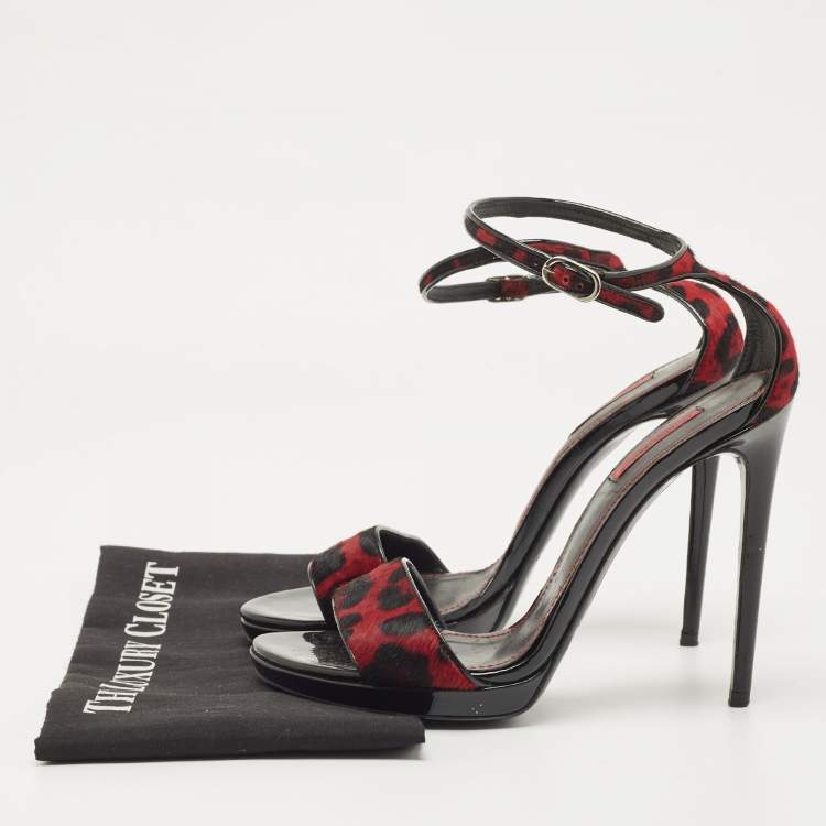 Pre Owned Dolce & Gabbana Black/Red Leopard Print Calf Hair Ankle Strap Sandals Size 40