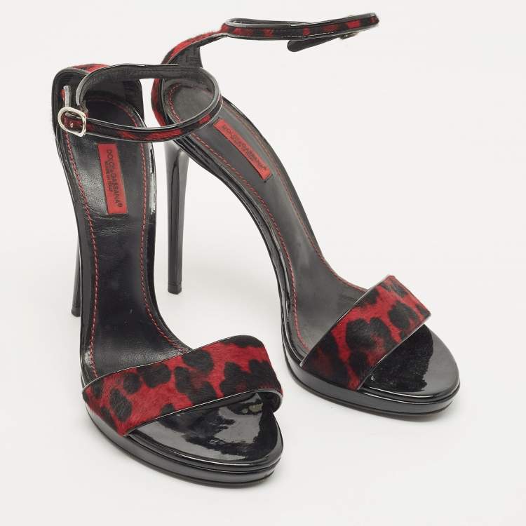 Pre Owned Dolce & Gabbana Black/Red Leopard Print Calf Hair Ankle Strap Sandals Size 40