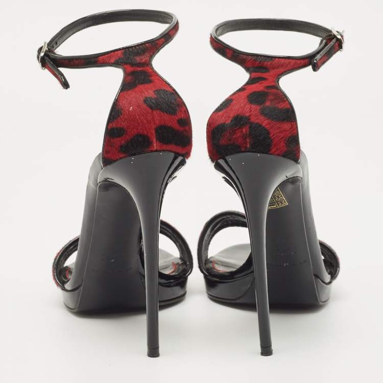 Pre Owned Dolce & Gabbana Black/Red Leopard Print Calf Hair Ankle Strap Sandals Size 40