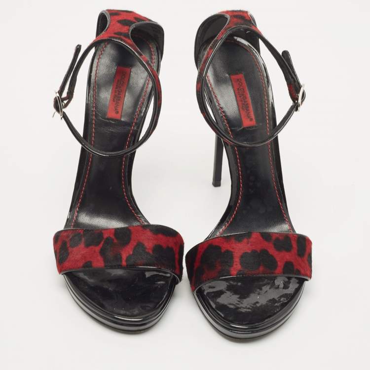 Pre Owned Dolce & Gabbana Black/Red Leopard Print Calf Hair Ankle Strap Sandals Size 40
