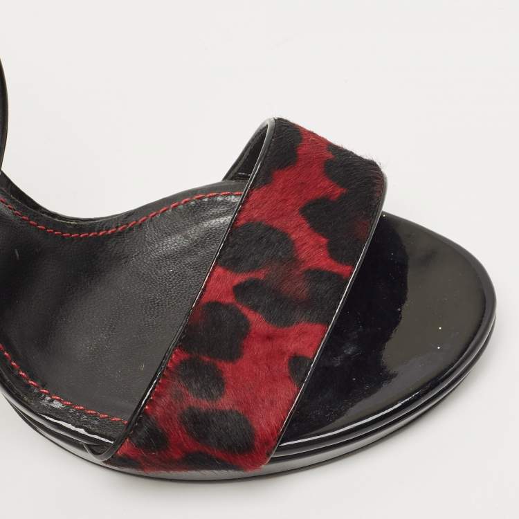 Pre Owned Dolce & Gabbana Black/Red Leopard Print Calf Hair Ankle Strap Sandals Size 40