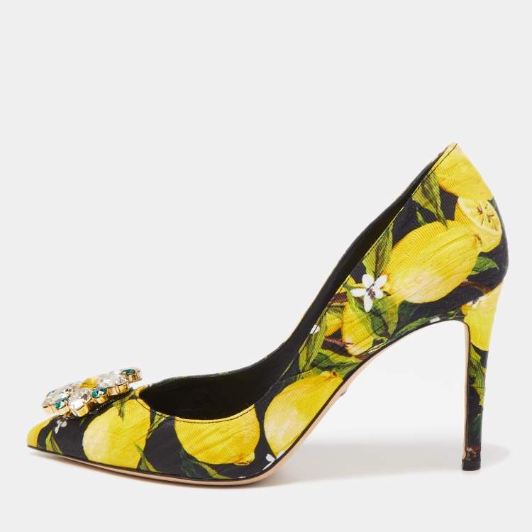 مملوكة مسبقًا Dolce & Gabbana Tricolor Lemon Print Brocade Fabric Crystal Embellished Pumps Size 39.5
