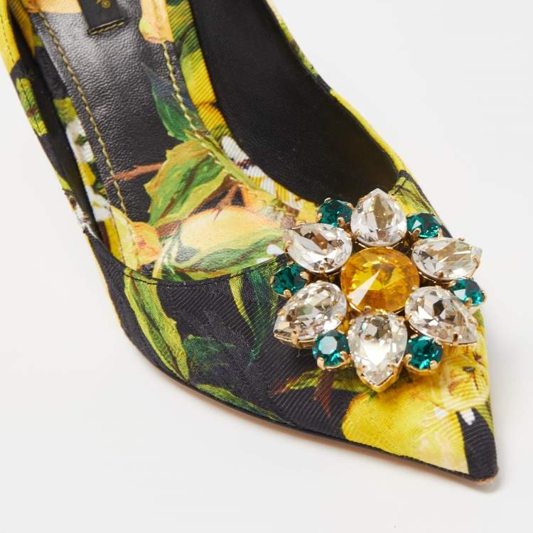 مملوكة مسبقًا Dolce & Gabbana Tricolor Lemon Print Brocade Fabric Crystal Embellished Pumps Size 39.5