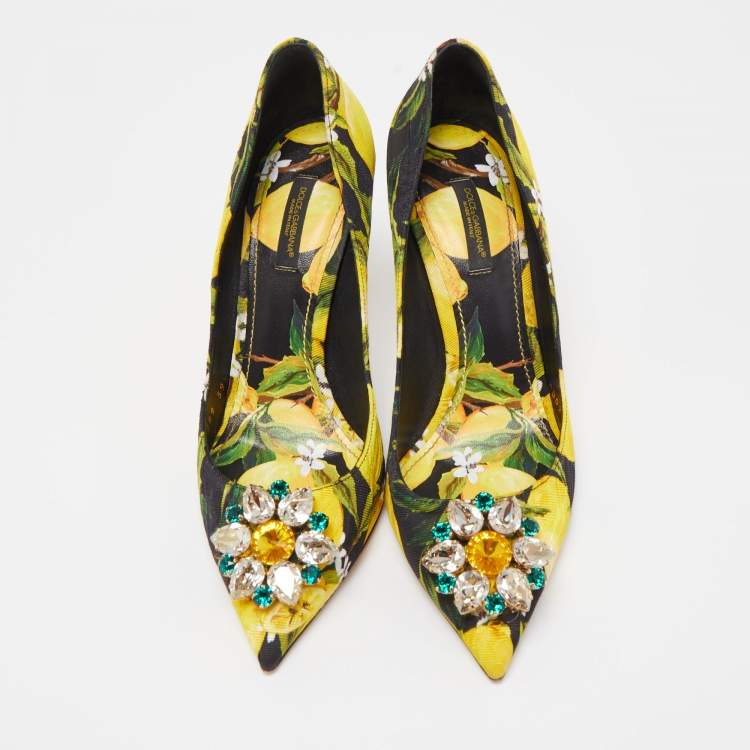 مملوكة مسبقًا Dolce & Gabbana Tricolor Lemon Print Brocade Fabric Crystal Embellished Pumps Size 39.5