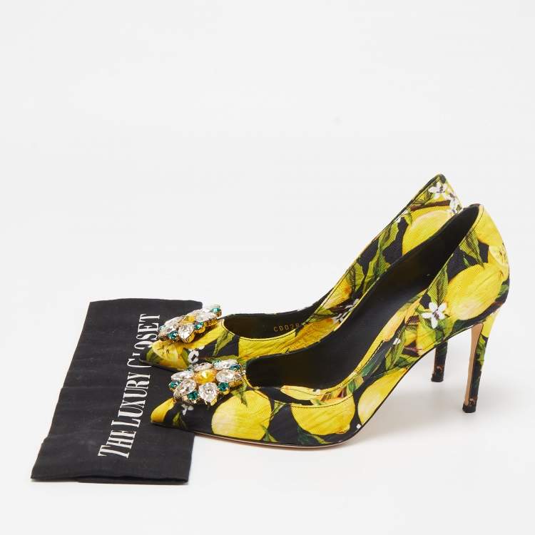 مملوكة مسبقًا Dolce & Gabbana Tricolor Lemon Print Brocade Fabric Crystal Embellished Pumps Size 39.5