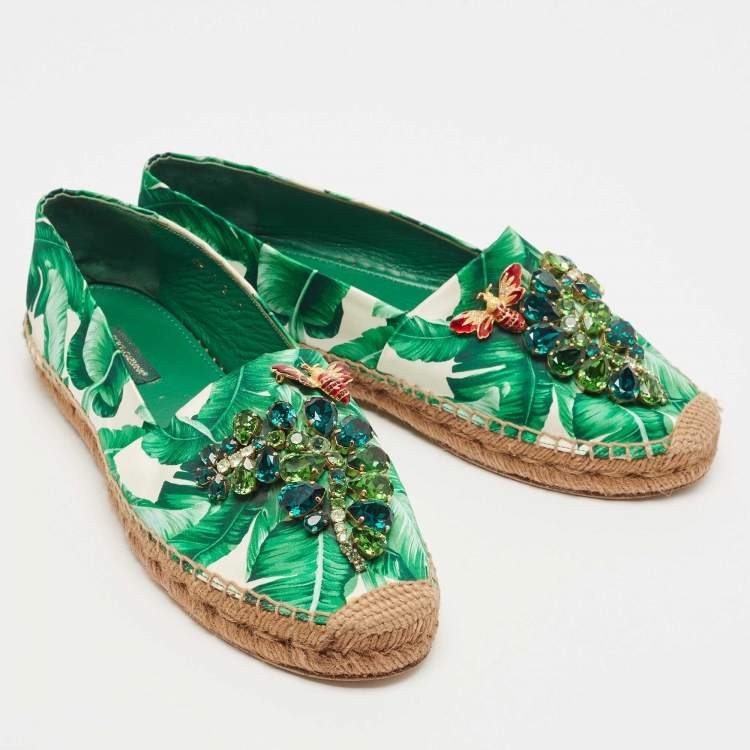 Pre Owned Dolce & Gabbana Green/White Floral Print Satin Embellished Espadrille Flats Size 40