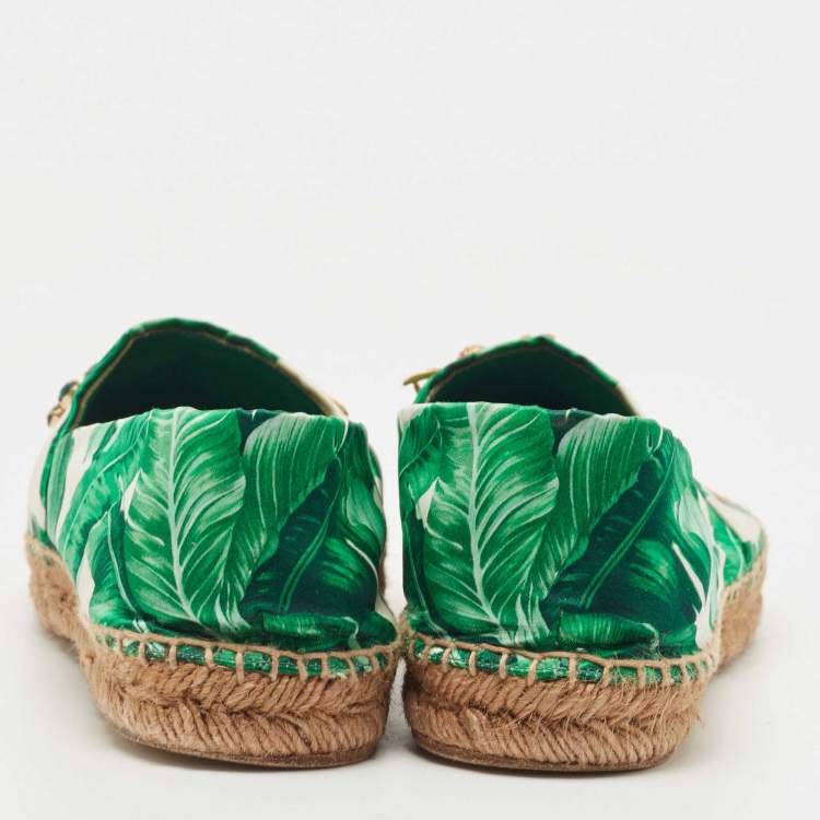 Pre Owned Dolce & Gabbana Green/White Floral Print Satin Embellished Espadrille Flats Size 40