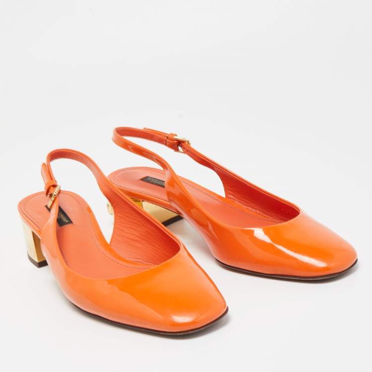 Pre Owned Dolce & Gabbana Orange Patent Leather DG Block Heel Slingback Pumps Size 39