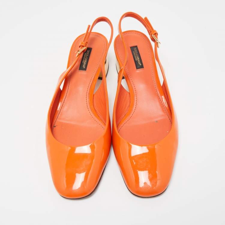 Pre Owned Dolce & Gabbana Orange Patent Leather DG Block Heel Slingback Pumps Size 39