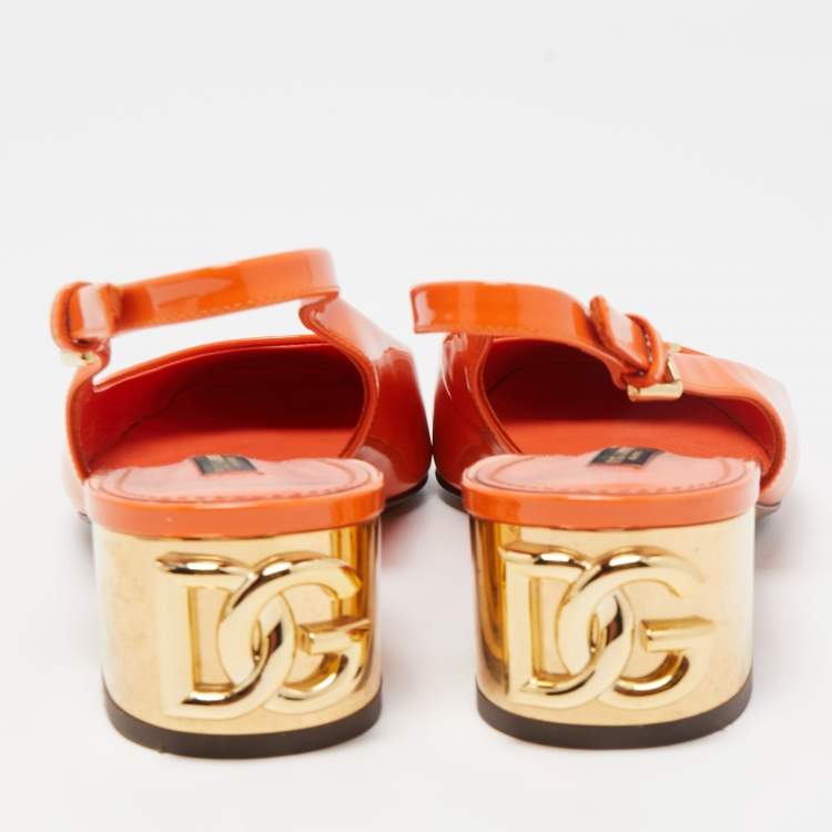 Pre Owned Dolce & Gabbana Orange Patent Leather DG Block Heel Slingback Pumps Size 39