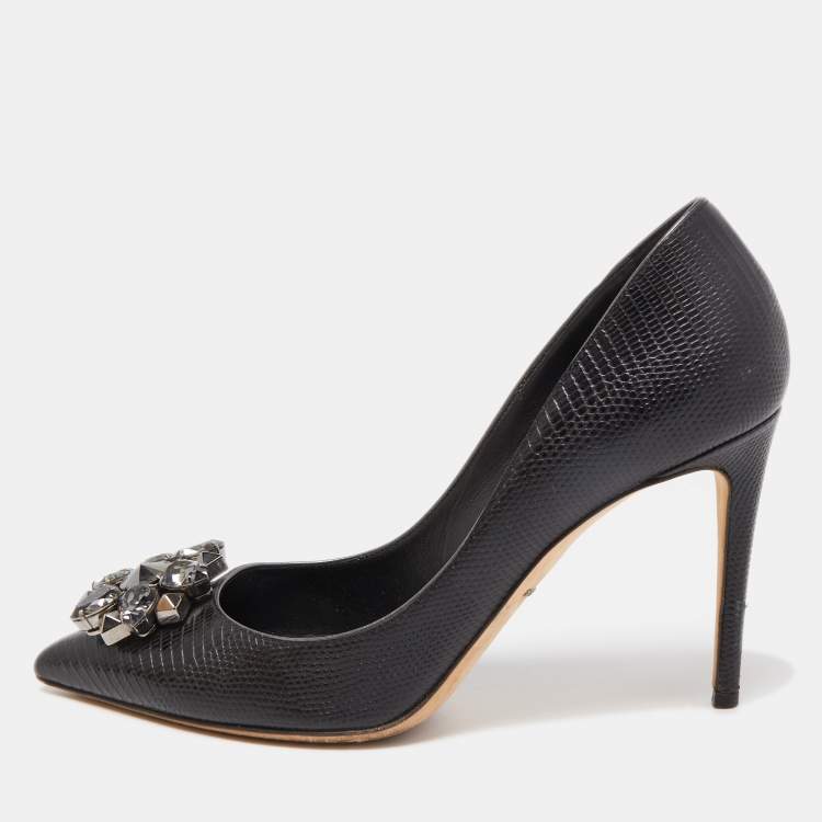 Pre Owned Dolce & Gabbana Black Lizard Embossed Leather Embellished Pumps Size 39