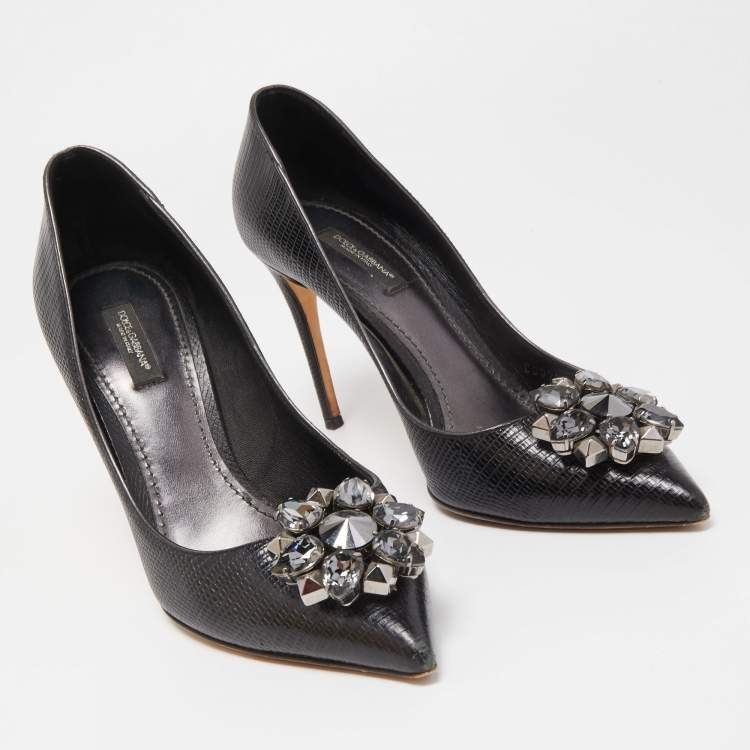Pre Owned Dolce & Gabbana Black Lizard Embossed Leather Embellished Pumps Size 39
