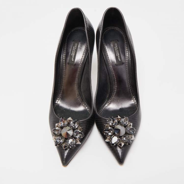 Pre Owned Dolce & Gabbana Black Lizard Embossed Leather Embellished Pumps Size 39