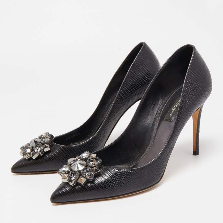 Pre Owned Dolce & Gabbana Black Lizard Embossed Leather Embellished Pumps Size 39