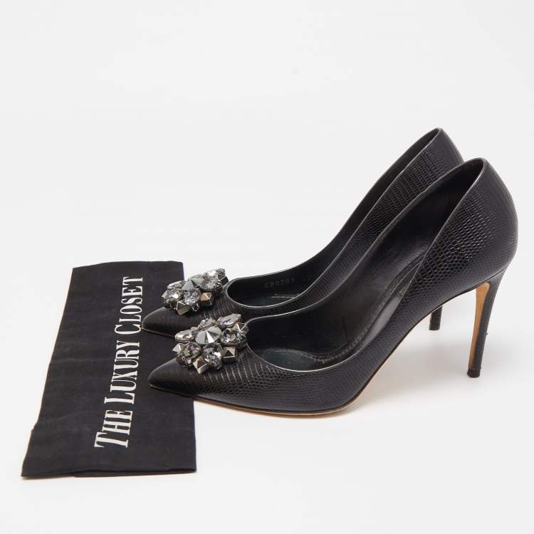Pre Owned Dolce & Gabbana Black Lizard Embossed Leather Embellished Pumps Size 39