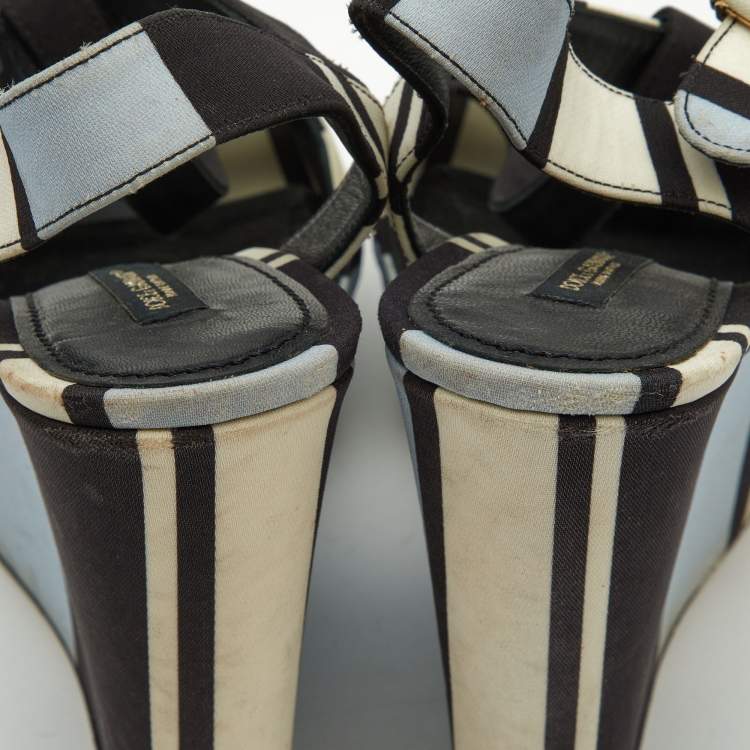 Pre Owned Dolce & Gabbana Tri Color Printed Fabric T-Strap Wedge Sandals Size 39.5