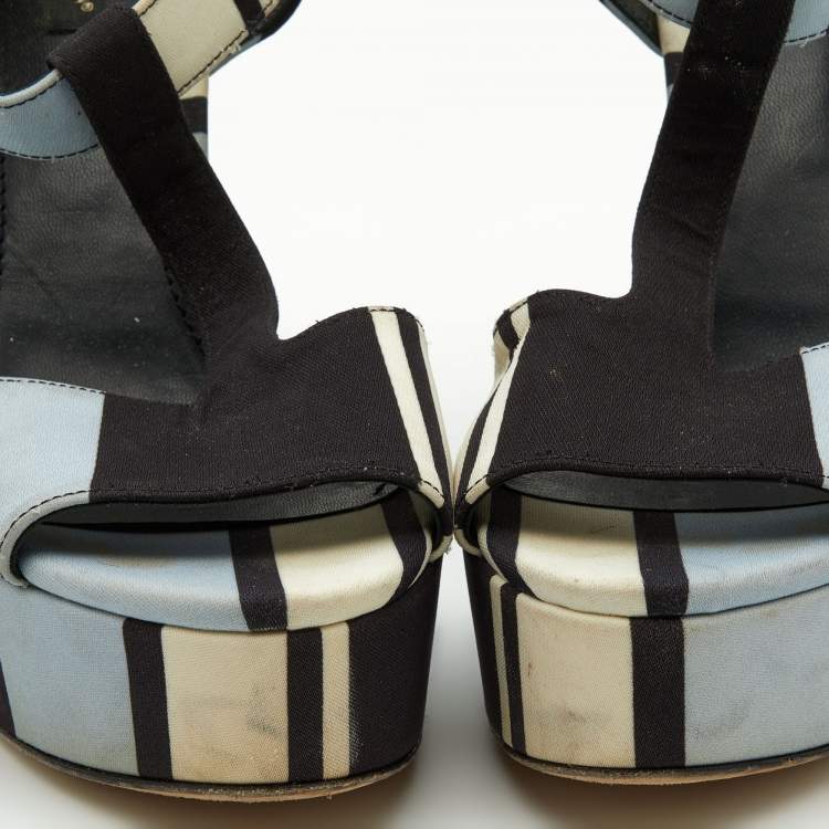 Pre Owned Dolce & Gabbana Tri Color Printed Fabric T-Strap Wedge Sandals Size 39.5