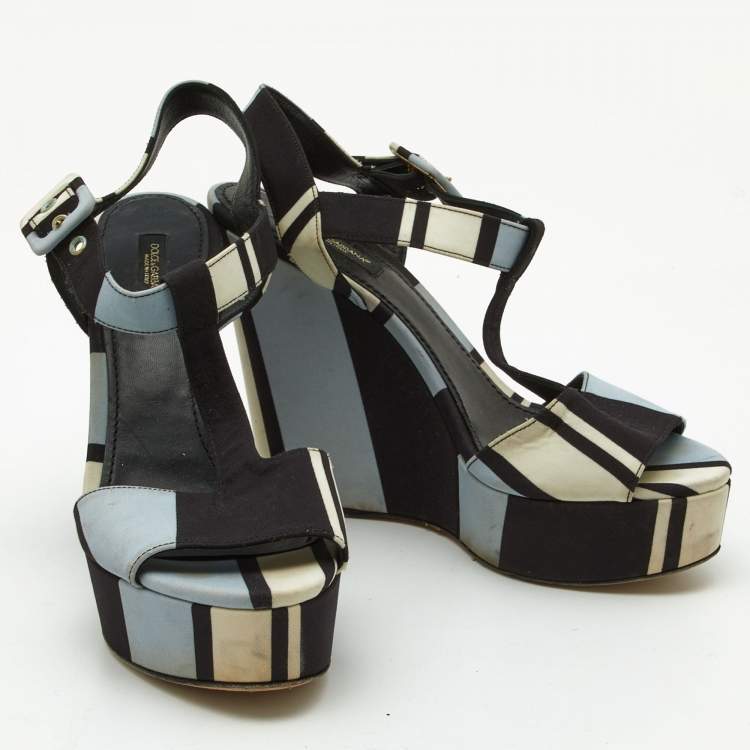 Pre Owned Dolce & Gabbana Tri Color Printed Fabric T-Strap Wedge Sandals Size 39.5