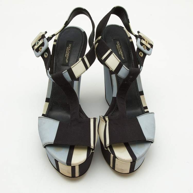 Pre Owned Dolce & Gabbana Tri Color Printed Fabric T-Strap Wedge Sandals Size 39.5