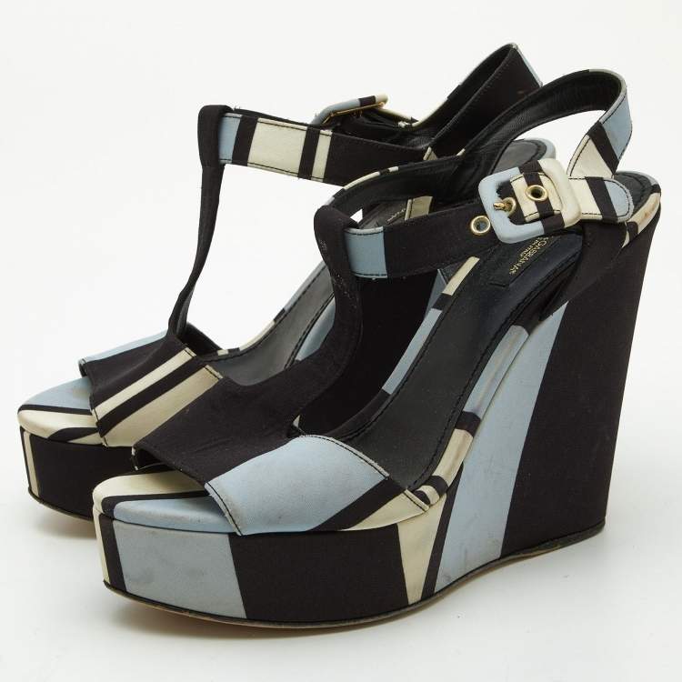 Pre Owned Dolce & Gabbana Tri Color Printed Fabric T-Strap Wedge Sandals Size 39.5