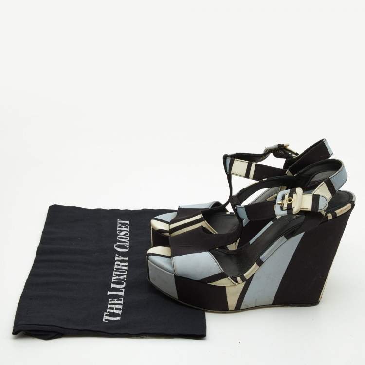 Pre Owned Dolce & Gabbana Tri Color Printed Fabric T-Strap Wedge Sandals Size 39.5