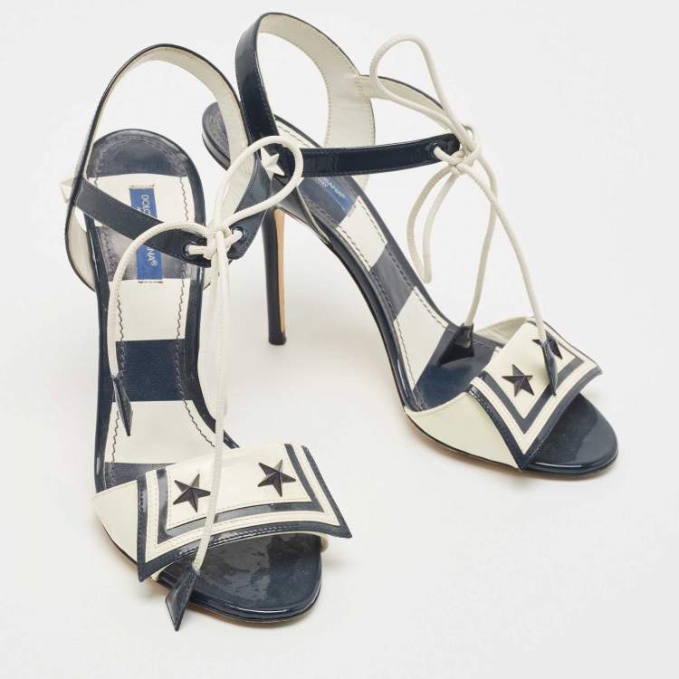 Pre Owned Dolce & Gabbana Navy Blue/Off White Patent Leather Ankle Tie Sandals Size 38