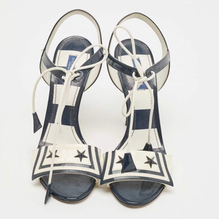 Pre Owned Dolce & Gabbana Navy Blue/Off White Patent Leather Ankle Tie Sandals Size 38