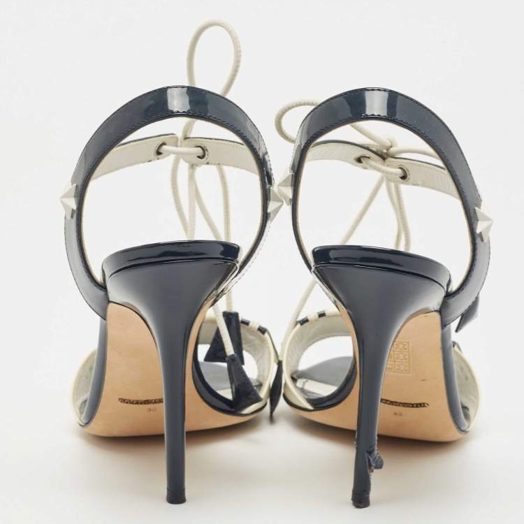 Pre Owned Dolce & Gabbana Navy Blue/Off White Patent Leather Ankle Tie Sandals Size 38
