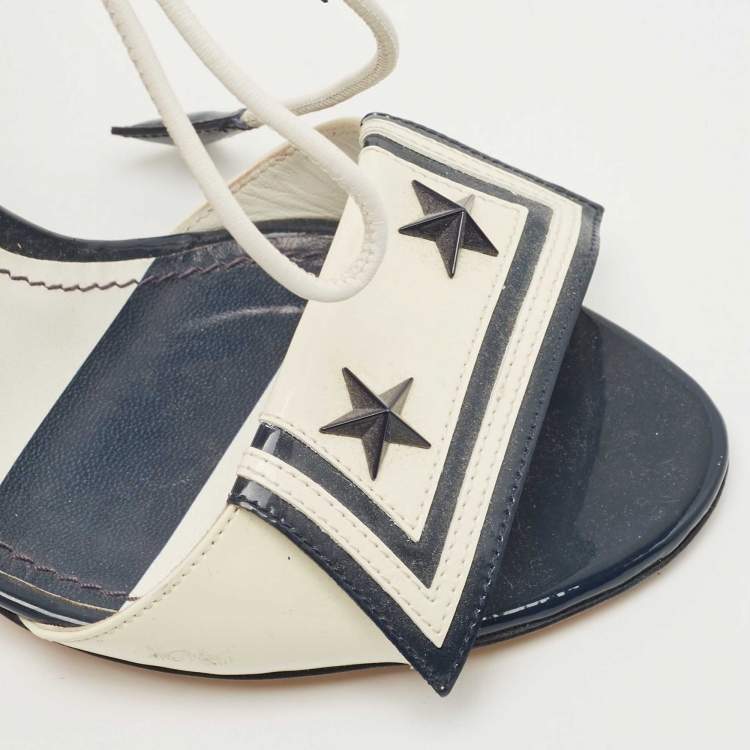 Pre Owned Dolce & Gabbana Navy Blue/Off White Patent Leather Ankle Tie Sandals Size 38