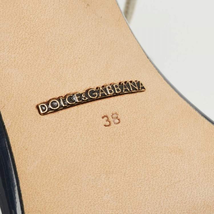 Pre Owned Dolce & Gabbana Navy Blue/Off White Patent Leather Ankle Tie Sandals Size 38